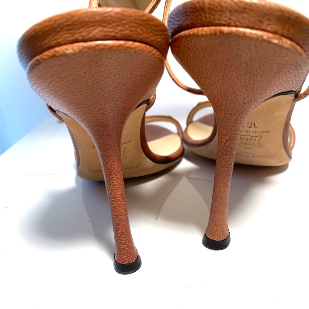 Jimmy Choo Brown Leather Gold Strappy Ankle Tie Sandal Heel Size 38 1/2 - Picture 5 of 9